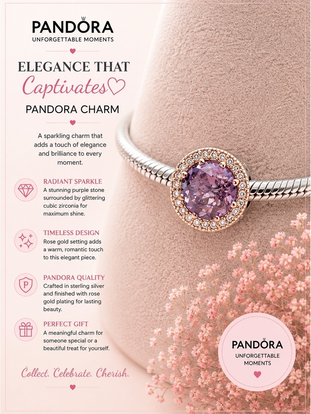 Pandora Radiant Sparkle Purple Stone Charm with Rose Gold Setting